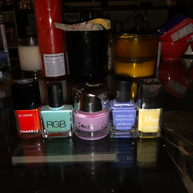multicolored manicure, nails, nail polish, nail lacquer, nail varnish, manicure, Skittles manicure, Skittles nails, Dior Sunwashed, Smith & Cult Fauntleroy, RGB Minty, Chanel Espadrilles, Deborah Lippmann A Wink And A Smile