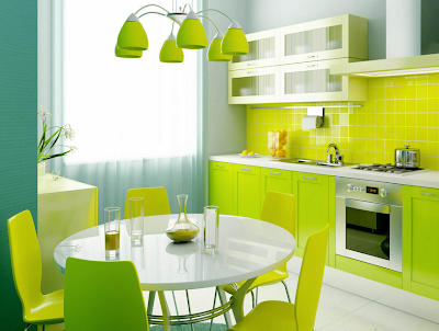Dapur konsep hijau, tempat makan warna hijau, interior dapur hijau, Dekorasi dapur gaya hijau