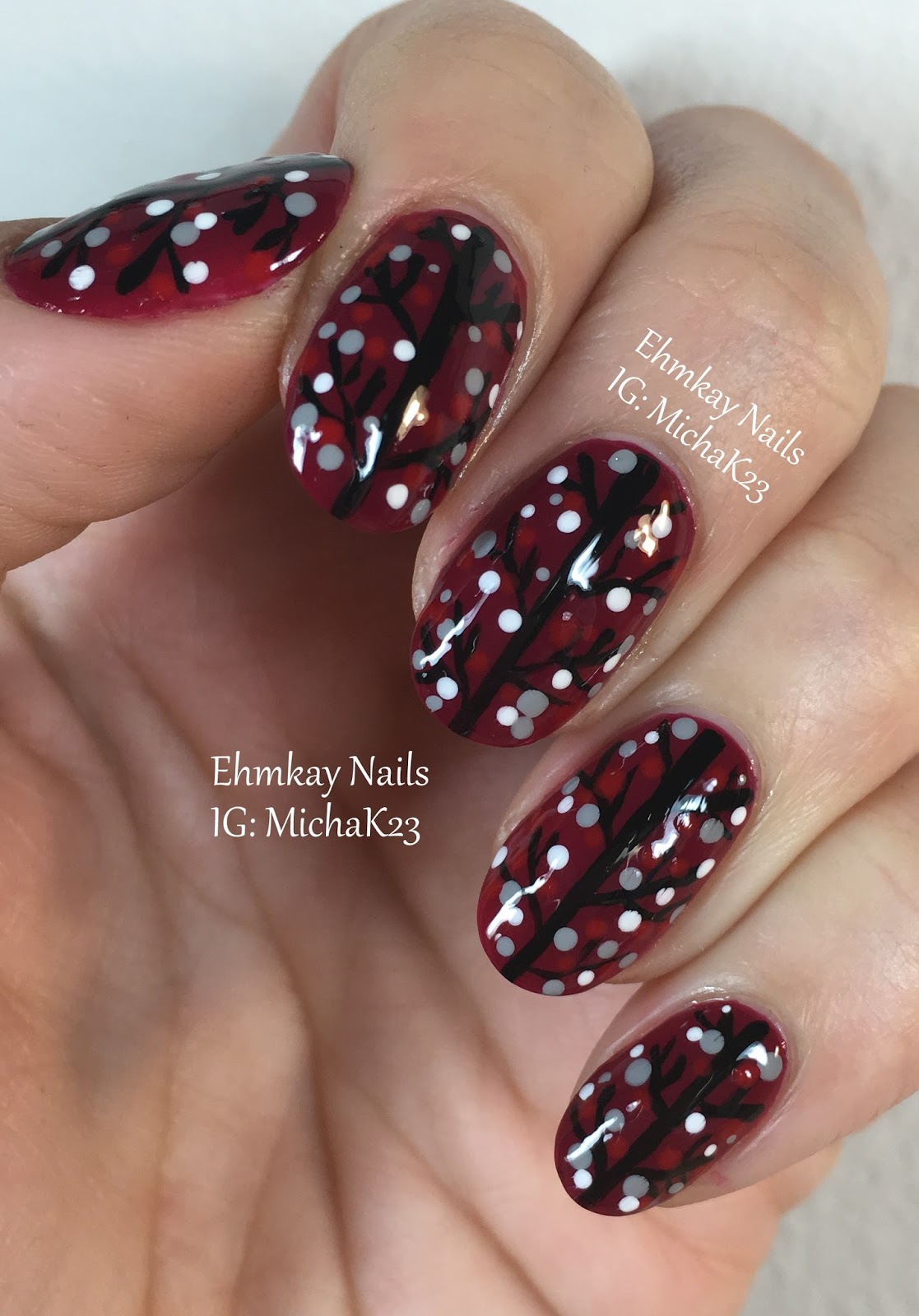 ehmkay nails Winter Berries Nail Art with Leighton Denny Pillow Talk