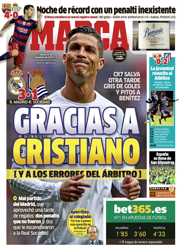 Real Madrid, Marca: "Gracias a Cristiano y a los errores del árbitro"