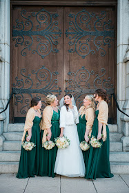 Winter Christmas Bridal party in hunter green and gold dresses