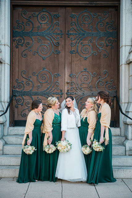 Winter Christmas Bridal party in hunter green and gold dresses