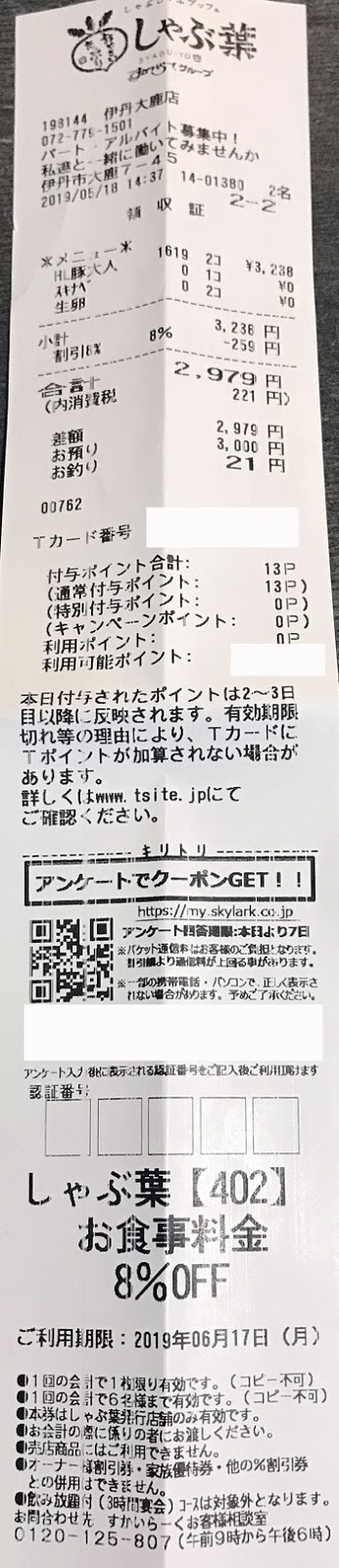 しゃぶ葉 伊丹大鹿店 2019/5/18 のレシート