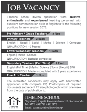 Job Vacancy For Teachers Timeline School Jorpati Kathmandu