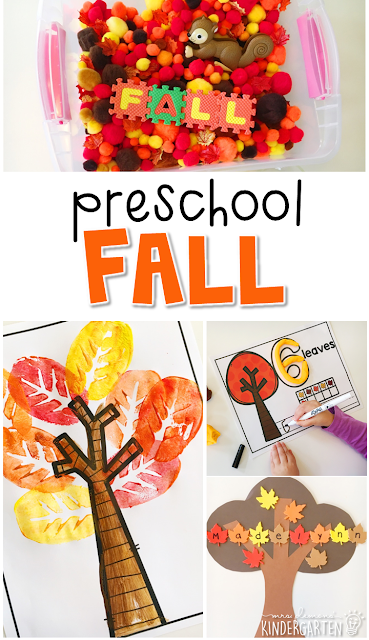 Tons of fall themed activities and ideas. Weekly plan includes books, literacy, math, science, art, sensory bins, and more! Perfect for fall in tot school, preschool, or kindergarten.