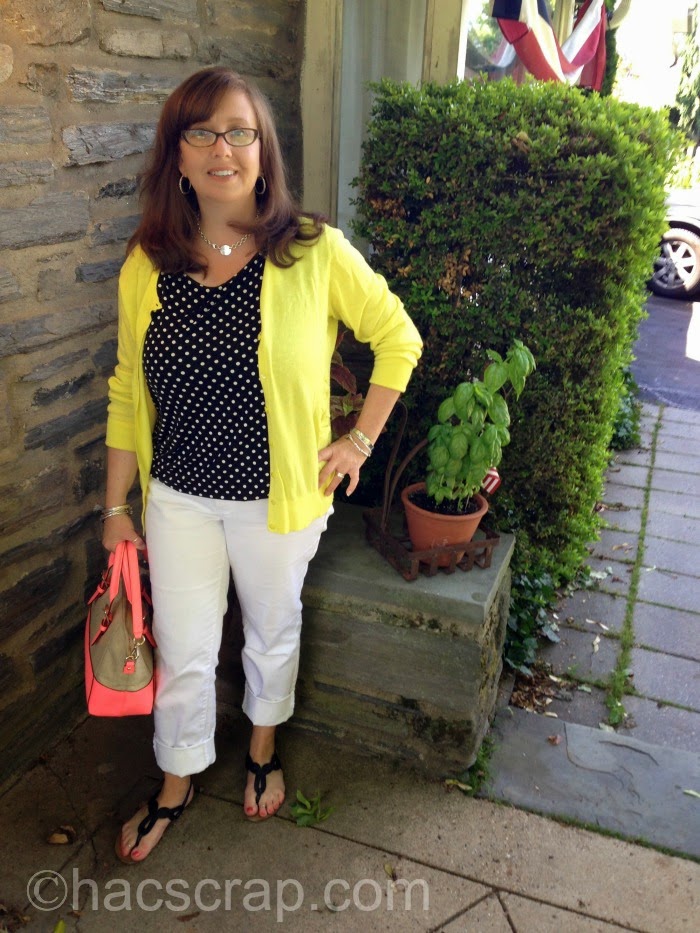 White Jeans, Polka Dot Top and Yellow Cardi