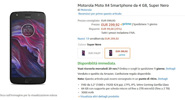 Offerta Cyber Monday Amazon: Motorola Moto X4 a 299 euro venduto e spedito da Amazon
