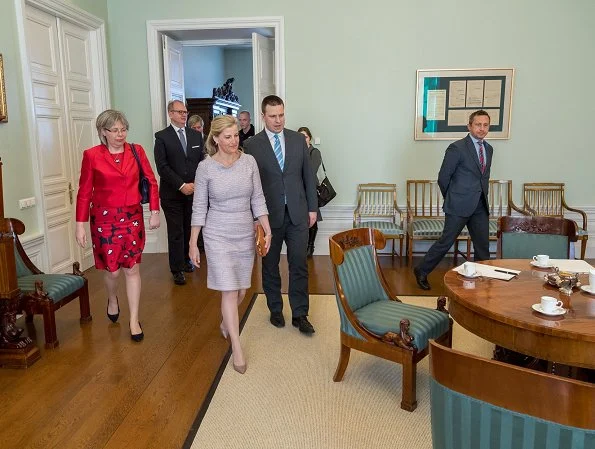 Countess Sophie of Wessex wore Suzannah Kaleidoscope Neat Tweed Dress, Patrick Mavros pangolin earrings and Prada Suede shoes