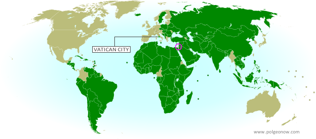 Map of countries that recognize the State of Palestine as an independent country, updated for June 2015 with recent addition Vatican City (Holy See) highlighted
