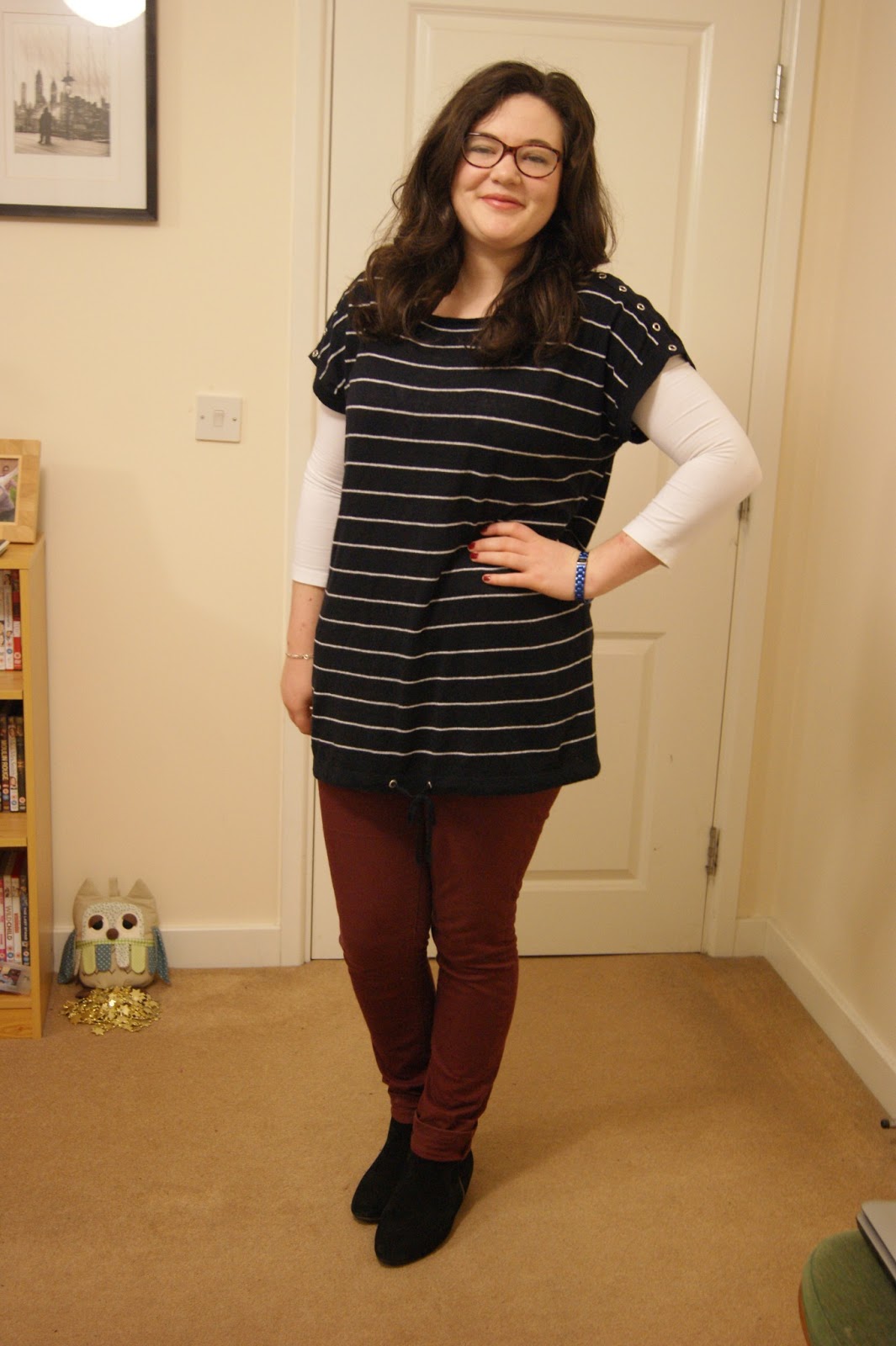 Burgundy jeans and a striped tee... | Frills 'n' Spills