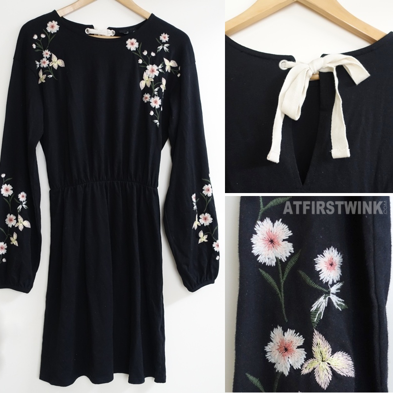 Topshop black dress embroidered flowers back ribbon closing