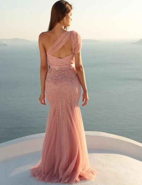Modest One-Shoulder Mermaid Long Beads Sleeveless Prom Dress