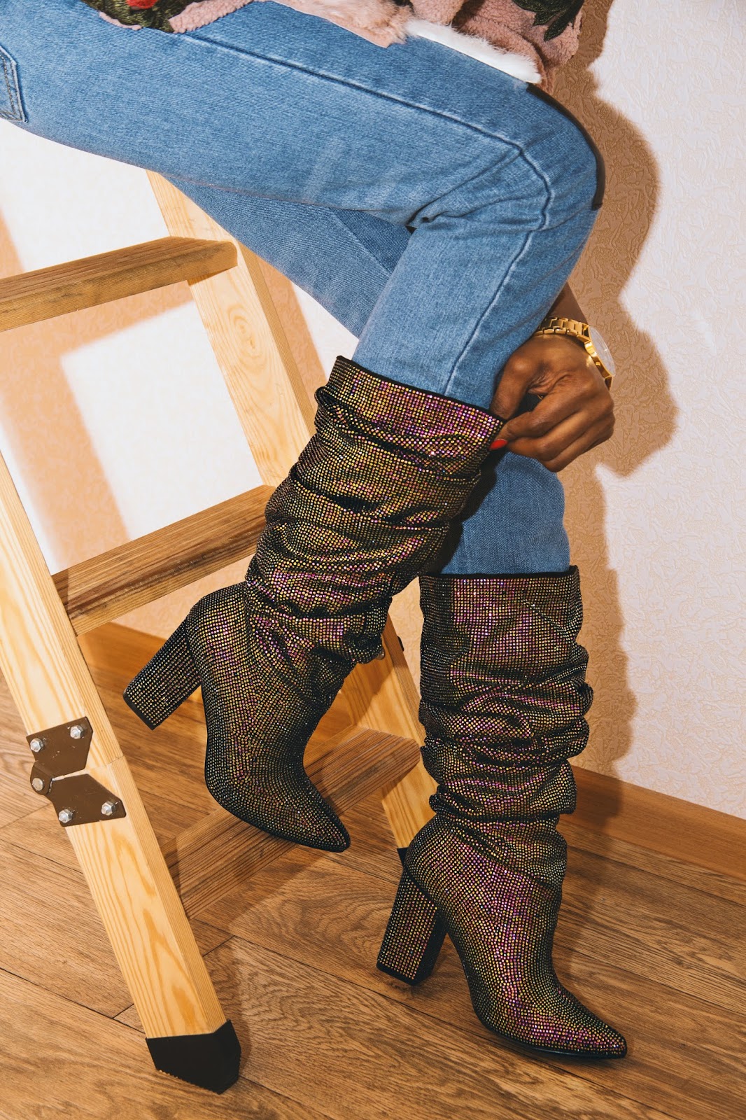 Slouchy Sparkly Chunky Knee High Boots