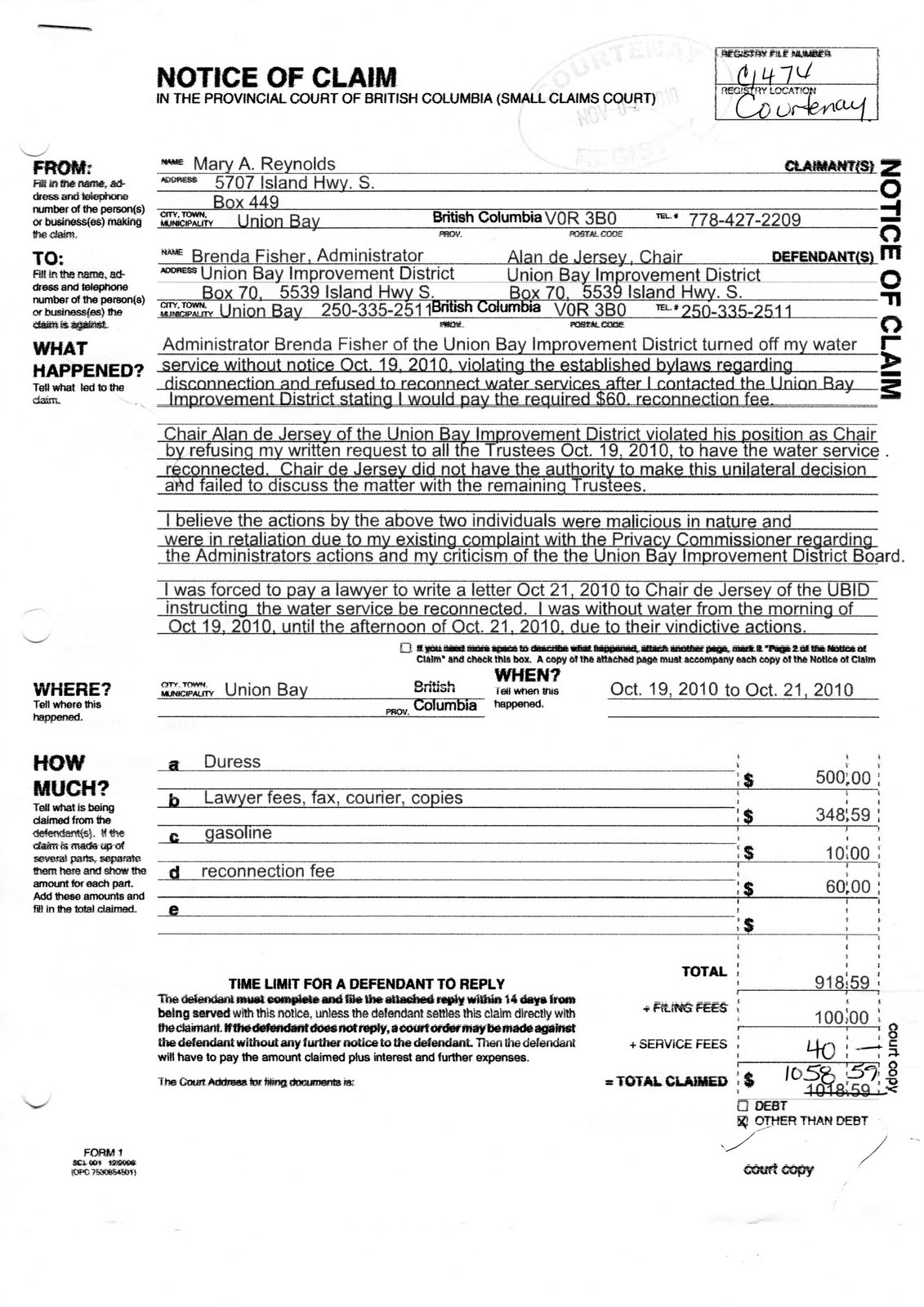 UNION BAY NEWS Small Claim Case Action C1474 Courtenay Registry