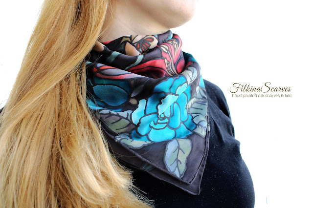 MOB / MOG gifts wedding ORDER on my Etsy shop: https://www.etsy.com/shop/FilkinaScarves ******OOAK Petroleum handpainted small Square neck scarf Silk chiffon floral neckerchief Unique women Mother's Day gift grandmother 26 in / 66 cm. FilkinaScarves hand-painted silk chiffon scarf #chicscarves #silkscarves #womensfashion #neckerchief #mothergifts #silkchiffon #Momgifts #giftforher #weddinggifts