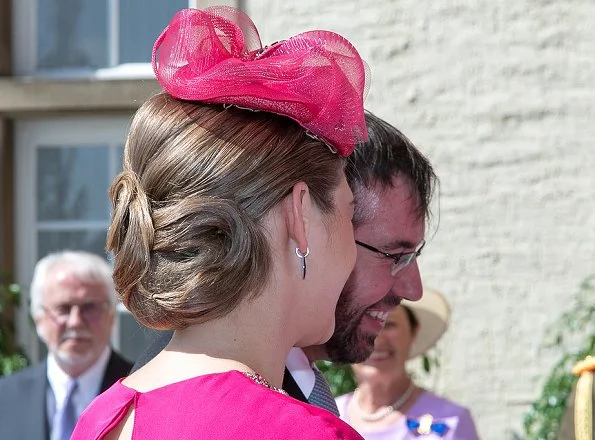 Grand Duchess Maria Teresa, Princess Stephanie wore Alexander McQueen Fuchsia Cape-back Crepe Midi Dress at National Day