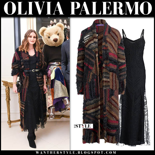 Olivia Palermo in brown patchwork knit coat and black dress in New York