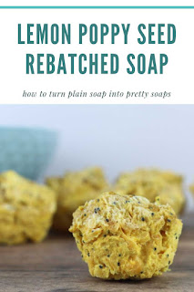 Need soap making ideas? Learn how to make rebatched soap with this easy soap making tutorials.  Making homemade soap with essential oils for your hands or for the bath is easy this way.  You can save soap or buy new soap with this soap making easy ideas.  Get soap ideas with this lemon poppy seed muffin rebatched soap recipe.  #soap handmilled #rebatched #lemon