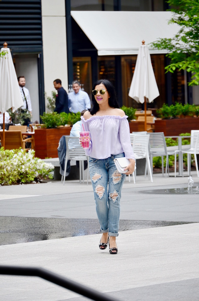 Ruffled Off-The-Shoulder  Blouse-MariEstilo-Ripped Jeans- Purple blouse- SheIn-Look of the day