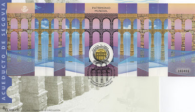 Sobre PDC con la hoja bloque de la moneda de dos euros dedicada al acueducto de Segovia