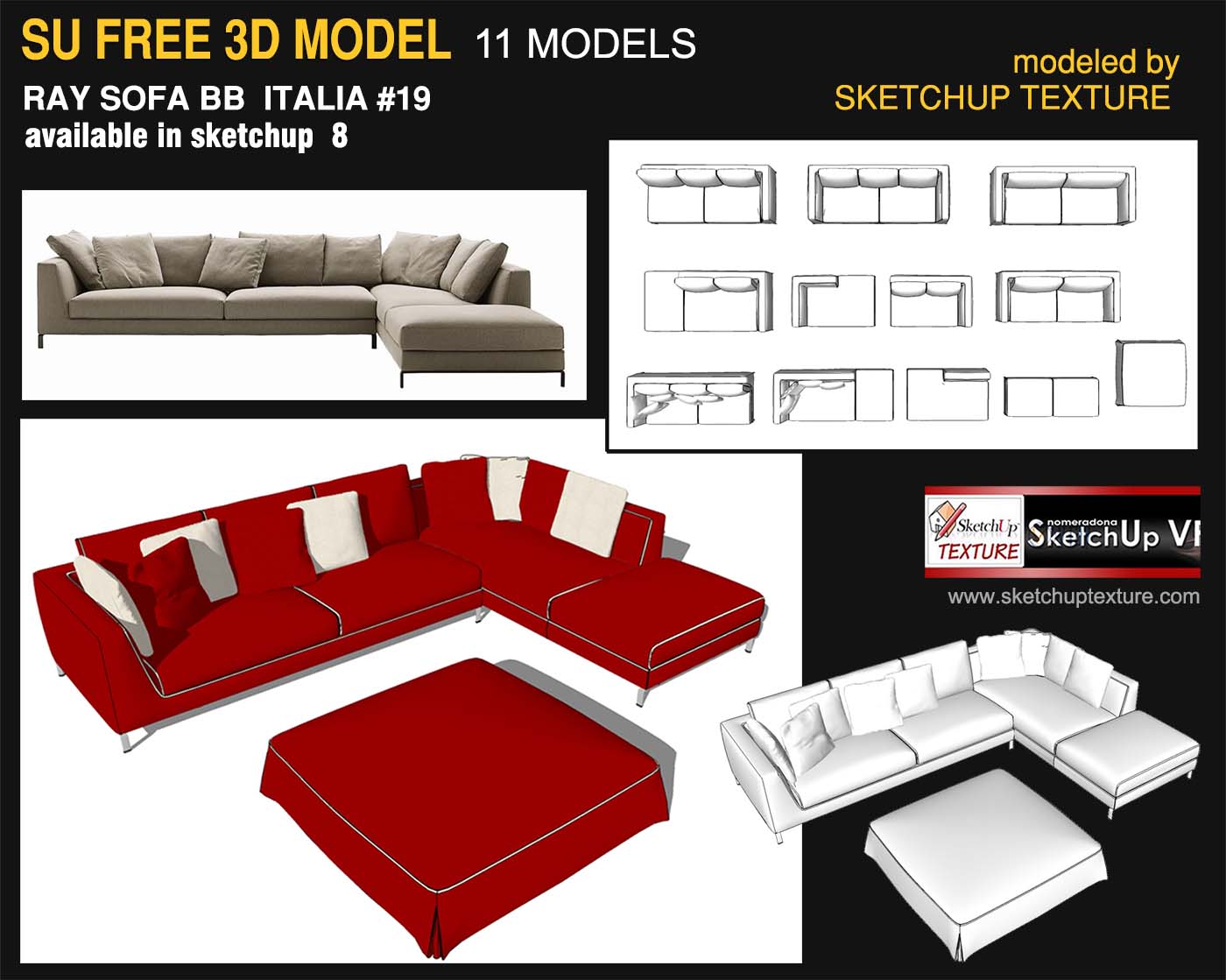 free Sketchup 3d model Ray Sofa BB Italia by skethuptexture.com