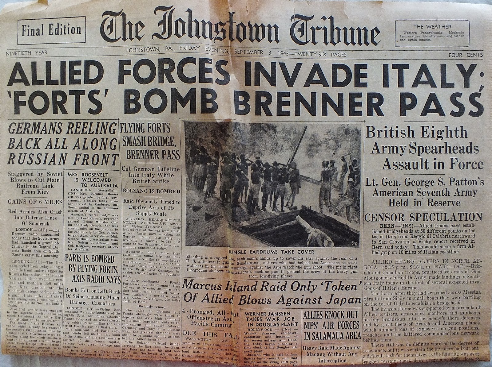 Vintage Johnstown September 3, 1943 ALLIED FORCES INVADE ITALY
