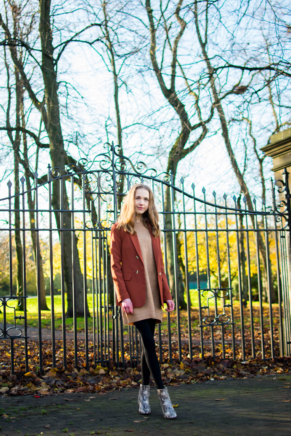 rust-blazer-and-camel-jumper-dress-autumn-fashion-outfit