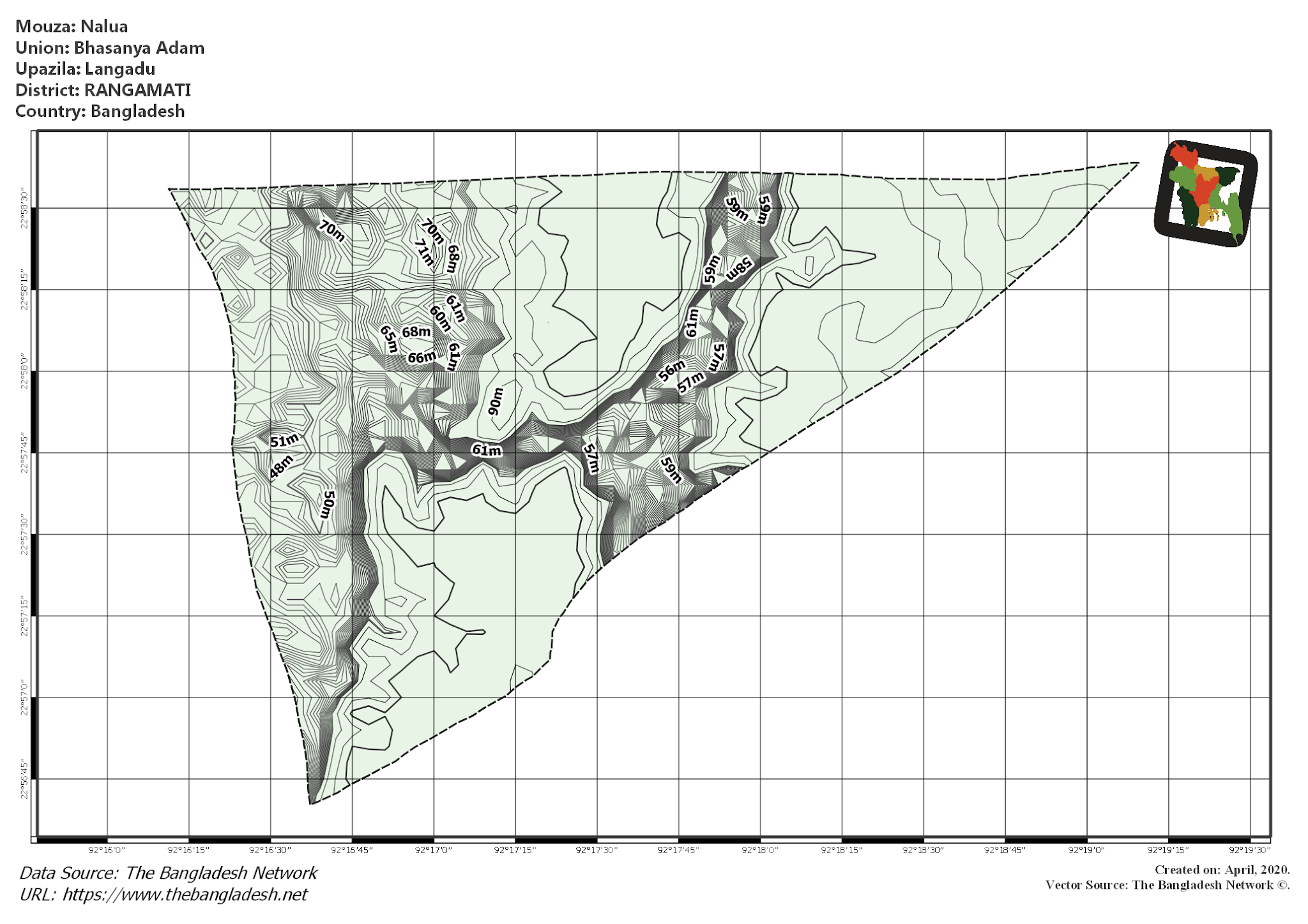 Map of Nalua Mouza of Langadu Upazila, RANGAMATI, Bangladesh.