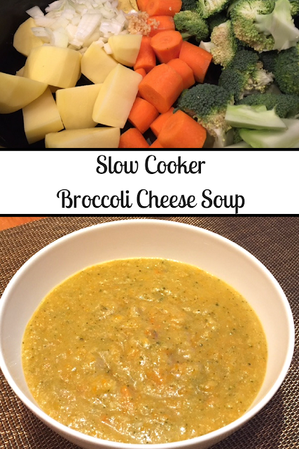 Slow Cooker Broccoli Cheese Soup ingredients and cooked in a bowl