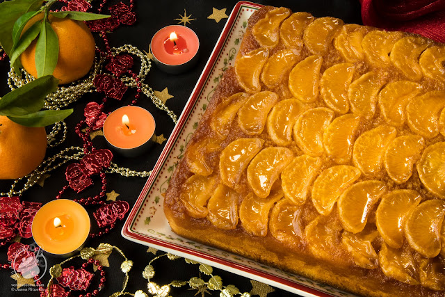 Navidad 2018. Tarta-bizcocho invertido de mandarinas con caramelo y yogur de mandarina.