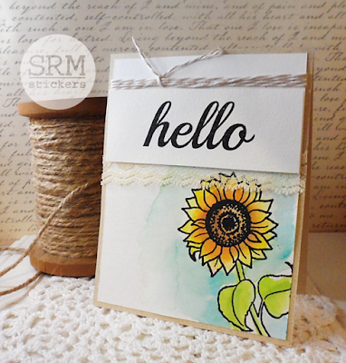 SRM Stickers Blog -  Water Coloured Sunflower Trio by Lesley  - #cards #cardset #autumn #autumnblessings #janesdoodles #bighello #hello #thankyou #lace #twine