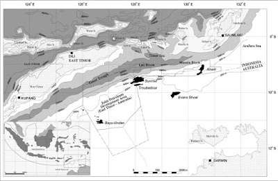 Peta lokasi dari Lapangan Gas Abadi. Garis kontur menandakan water depth (m). Lapangan gas Abadi berlokasi di Blok Masela PSC di bagian timur Laut Timor, Indonesia bagian timur, sepanjang perbatasan internasional Indonesia dan Australia. Deep Timor Trough dengan water depth lebih dari  1,500 m berada diantara outer ridge of the Banda Arc dan Blok Masela. Blok Masela berada pada area upper slope dari paparan kontinental Australia dengan water depth 300 m to 1,000 m