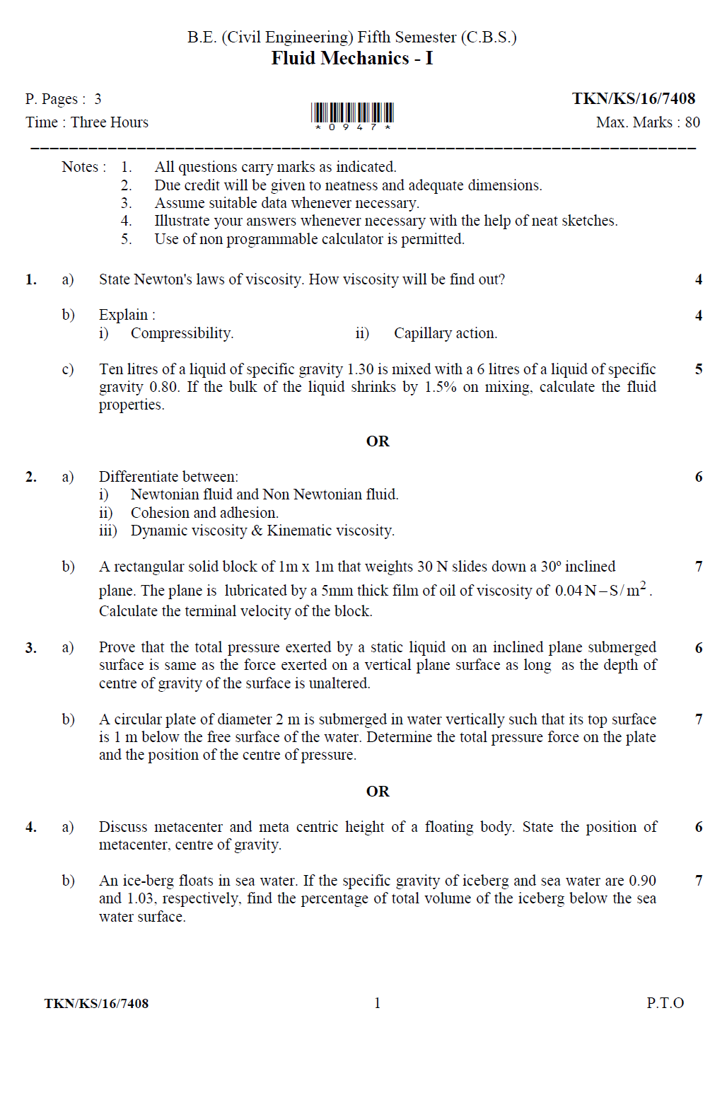 RTMNU 5th Semester B.E Civil Fluid MechanicsI 2016 Question Paper