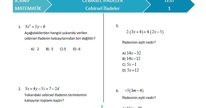 8.SINIF CEBİRSEL İFADELER TESTİ - Test Matematik