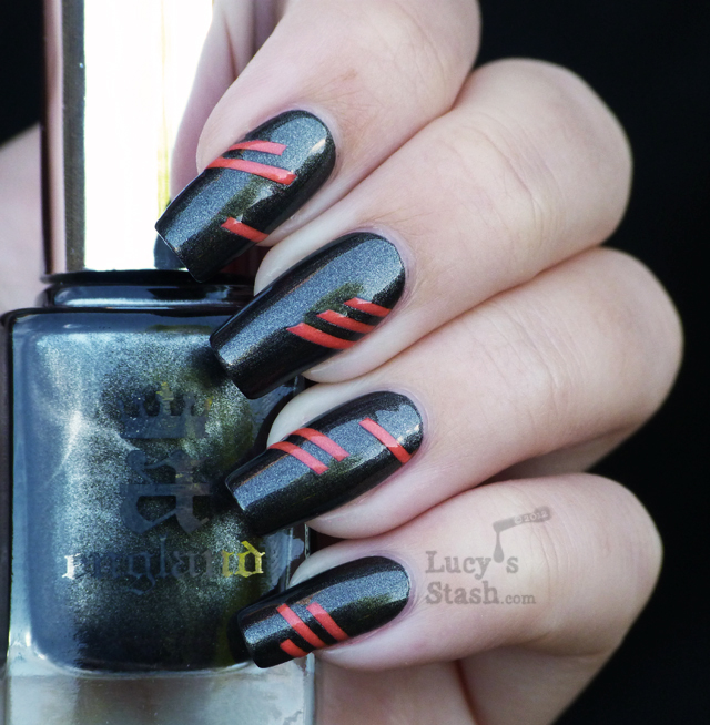 Lucy's Stash - A England Dorian Gray with neon stripes nail art