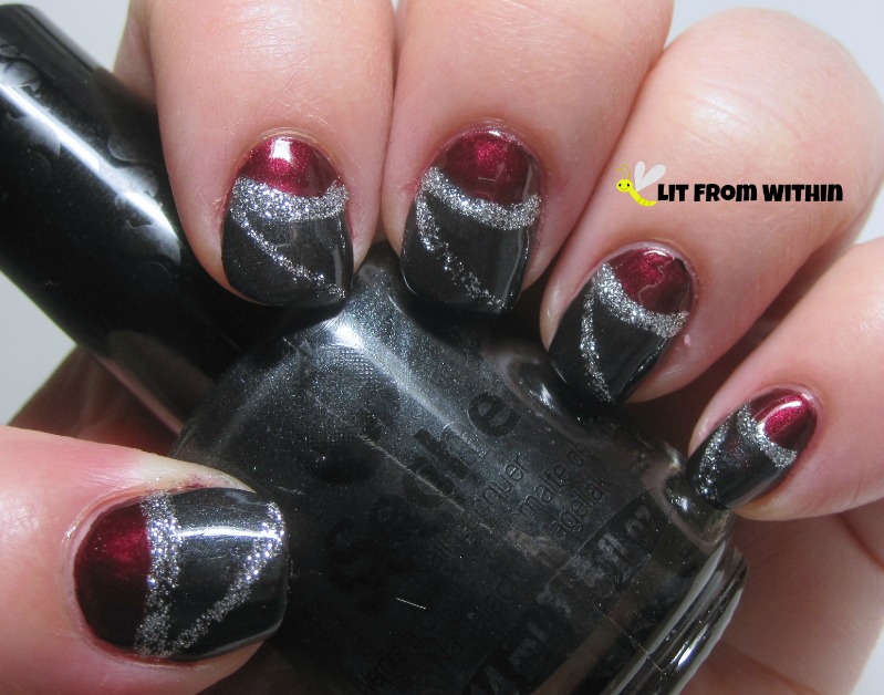 half-moon nail art with Seche Smokey and silver glitter over Bella