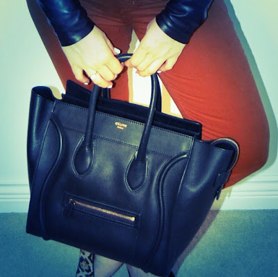 Danier leather shirt with J Brand 811 twills and a Celine mini luggage tote