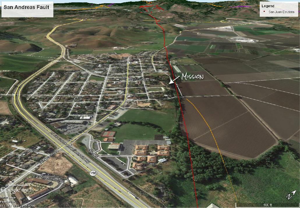 San Andreas Fault at San Juan Bautista, California Google Earth image with USGS fault locations, annotated by RocDocTravel.com