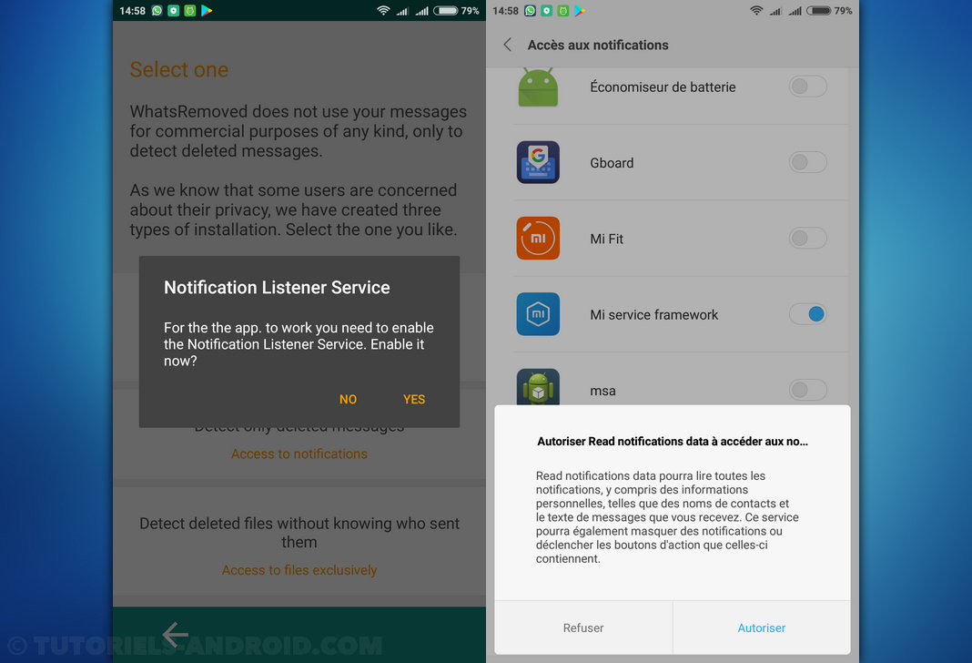 WhatsRemoved+ Android : Autoriser notifications et accès aux fichiers
