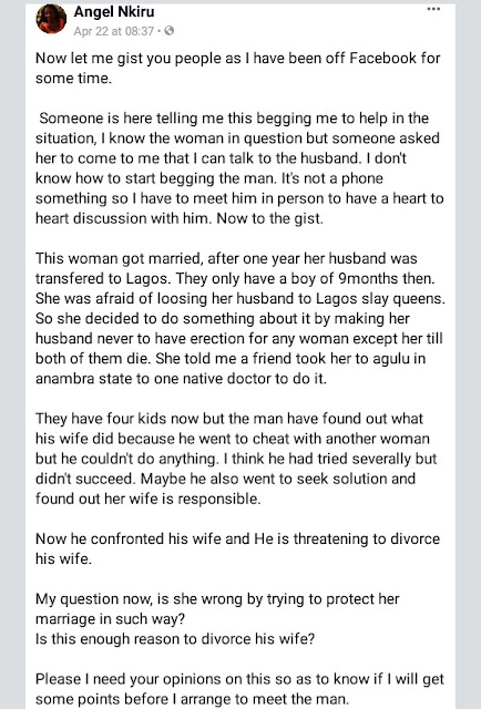 Nigerian man threatens to divorce his wife after he found out she went to a native doctor to make him lose erection with other women except her