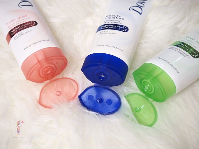 DOVE FACIAL CLEANSER beauty moisture, inner glow and deep pure have a fruity refreshing scents. The packaging is efficient with a flip open tube cap with a soft plastic material that makes it easy to squeeze and get the product.  The cleanser itself has a creamy texture that gives a smooth silky feels on the skin. All of them has a white color cream texture regardless the types of cleanser. The consistency is lightweight, not too runny nor thick. It gentle cleanses the face and replenishes moisture deep down the skin, leaving a non dry, beautiful, clean and smooth skin behind. This product contains petroleum jelly that locks the moisture and it doesn't contain sulphur so saves the skin from a harsh effect.