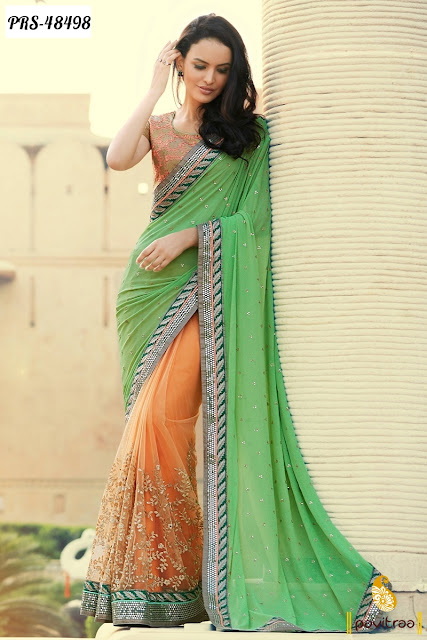 Wedding season and diwali special green orange net designer saree online shopping with discount offer at pavitraa.in