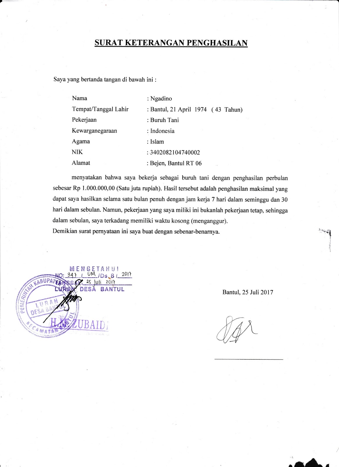 Surat Keterangan Penghasilan Orang Tua Sebagai Buruh