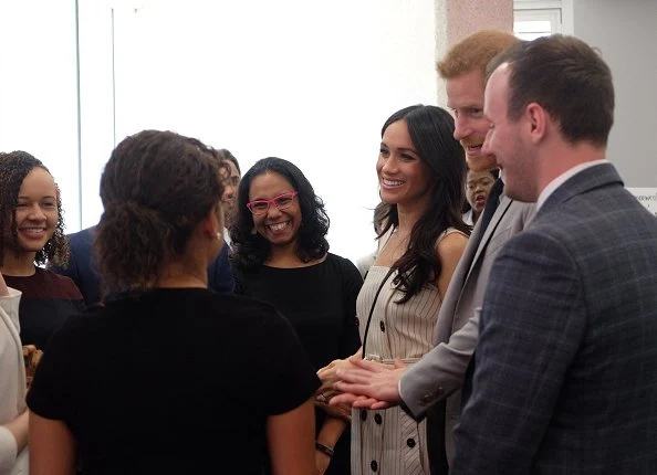 Meghan Markle wore Altuzarra Audrey button detailed ottoman midi dress, Camilla And Marc Marguerite blazer, carried Oroton Avalon Zip Top Crossbody