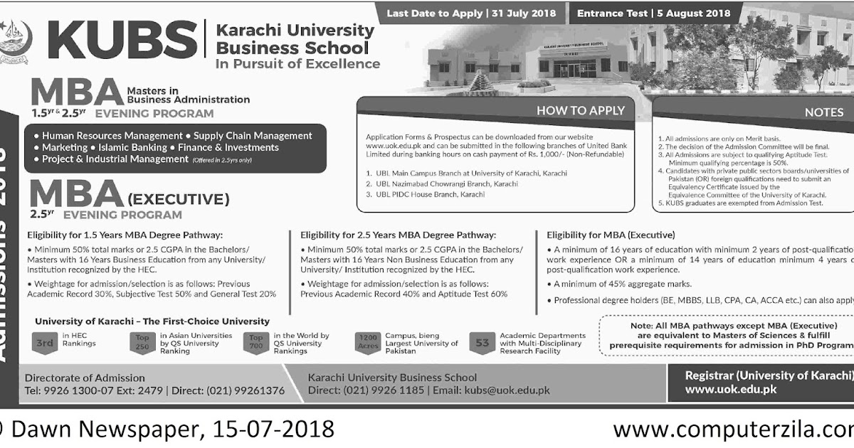 Karachi University Business School (KUBS) Masters Admissions Fall 2018