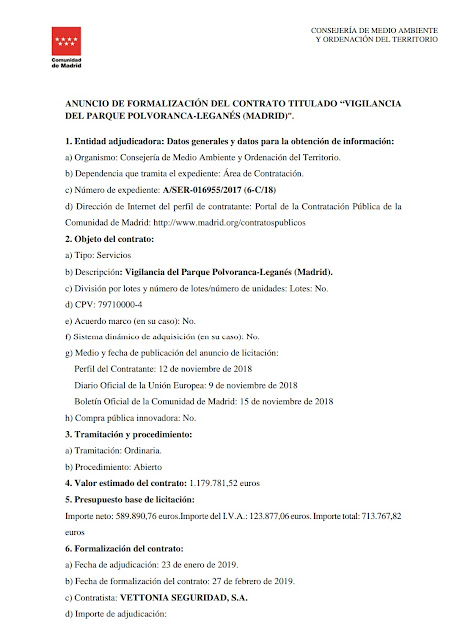 ANUNCIO DE FORMALIZACIÓN DEL CONTRATO TITULADO “VIGILANCIA  DEL PARQUE POLVORANCA-LEGANÉS (MADRID)”.