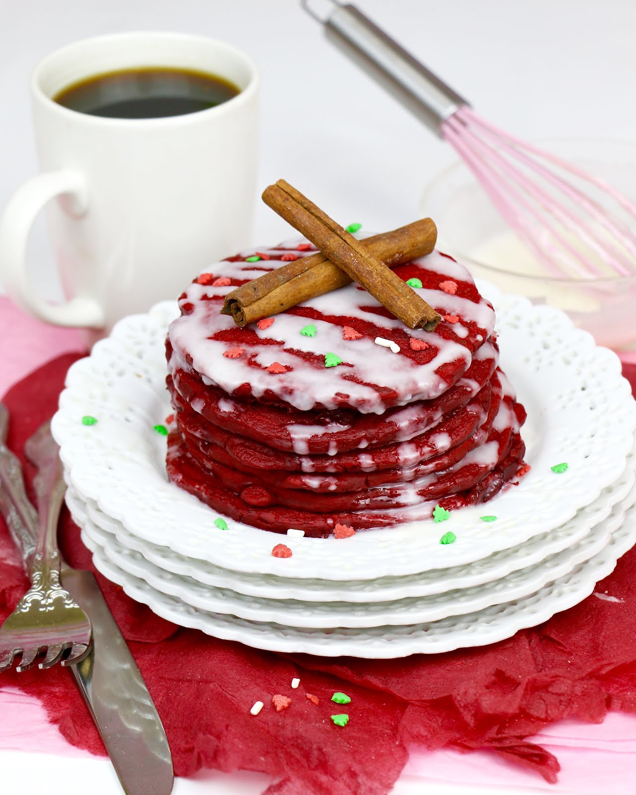 Red Velvet Cinnamon Christmas Pancakes - The Lindsay Ann