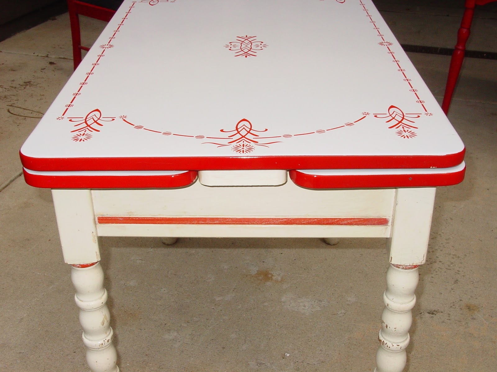 15th 1940s enamel kitchen table white and red