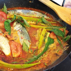 Fish Curry Recipe Malay style with mackerel, okra, tomatoes, spices and herbs