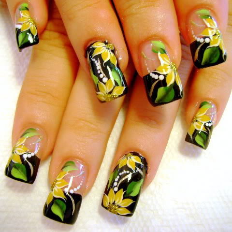 Yellow and Green Flowery Nail Art